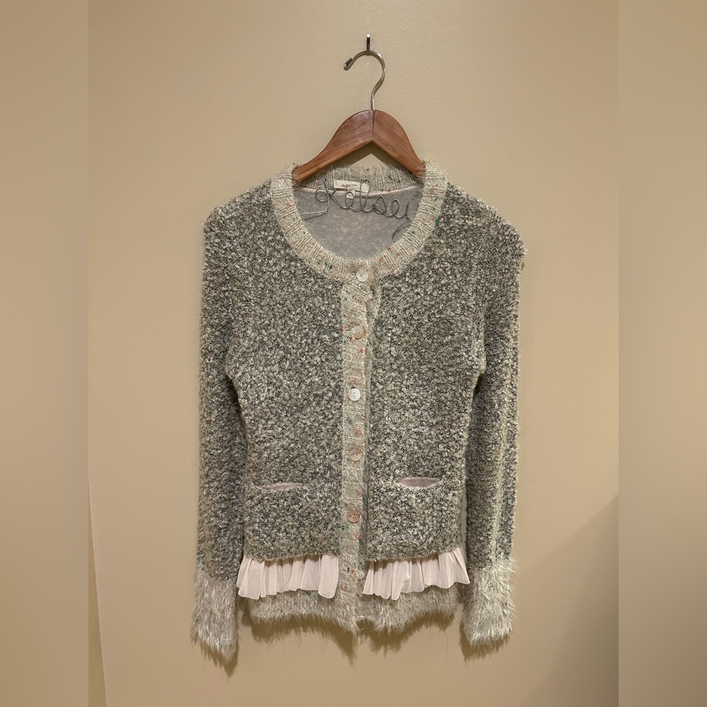 Mystree Gray Textured Cardigan with Cream Trim